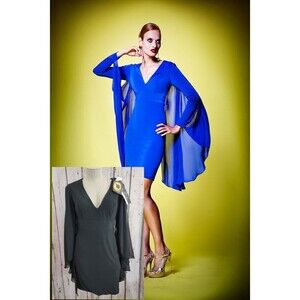 Dalia MacPhee Women's Size 4 Black Sheer Caped Long Sleeve Sheath Dress $260 NEW